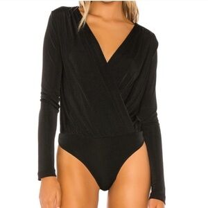 NWT Free People Intimately Long Sleeve Surplice Black Bodysuit Sz M